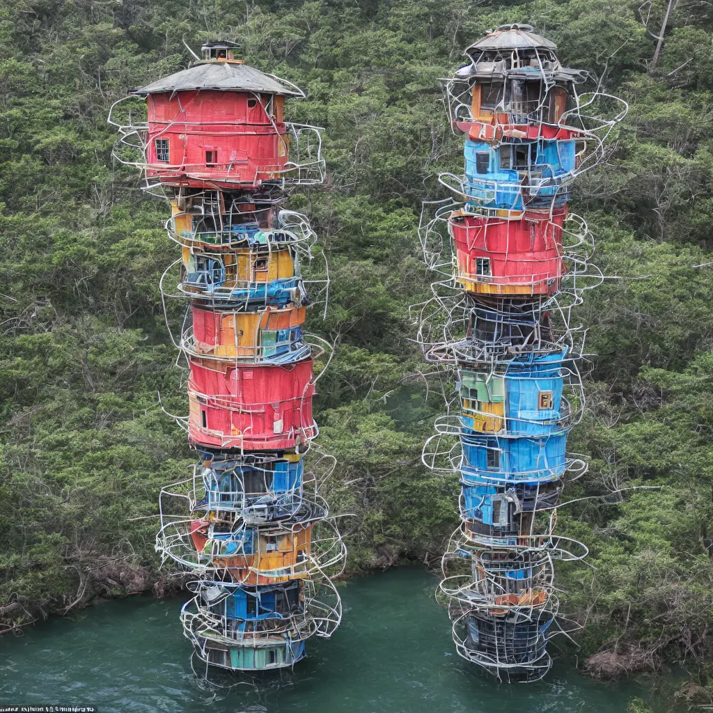 Image similar to a circular tower, made up of colourful makeshift squatter shacks suspended over water, dystopia, sony a 7 r 3, f 1 1, fully frontal view, ultra detailed, photographed by hiroshi sugimoto,