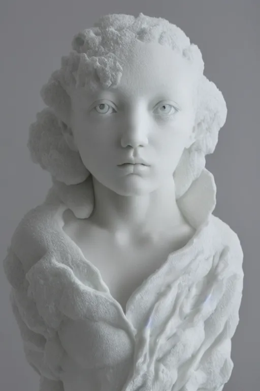 Image similar to full head and shoulders, beautiful female porcelain sculpture by daniel arsham and james jean, smooth, all white features on a white background, delicate facial features, white eyes, white lashes, detailed white 3 d different species of flowers