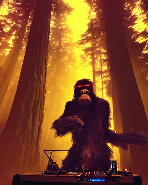 Prompt: anthropomorphic cyberpunk bigfoot djing at a rave in the redwoods by akihiko yoshida and tim mcburnie and anato finnstark, masterpiece, portrait, vibrant, cybernetics, wide angle