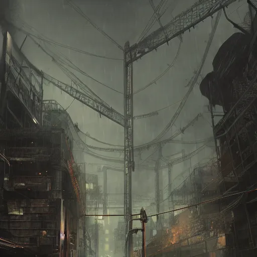 Prompt: raining dark smog wide angle shot machinery dieselpunk dystopia corrogated steel overhead walkway trending on artstation