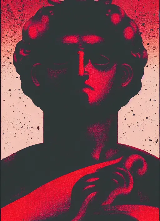 Image similar to dark design poster showing a statue of hercules, black background with very subtle red purple design elements, powerful, nekro, vito acconci, thin straight lines, dark, glitch art, neo vaporwave, gritty, layout frame, square, trending on artstation