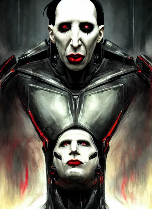 Image similar to marilyn manson as victor stone, full body concept, cyborg, borg, strogg, face of a man, terminator, flesh, quake strogg, doom demon, wolfenstein, monstrous, powerful, symmetry, symmetrical, concept art by ruan jia and greg rutkowski