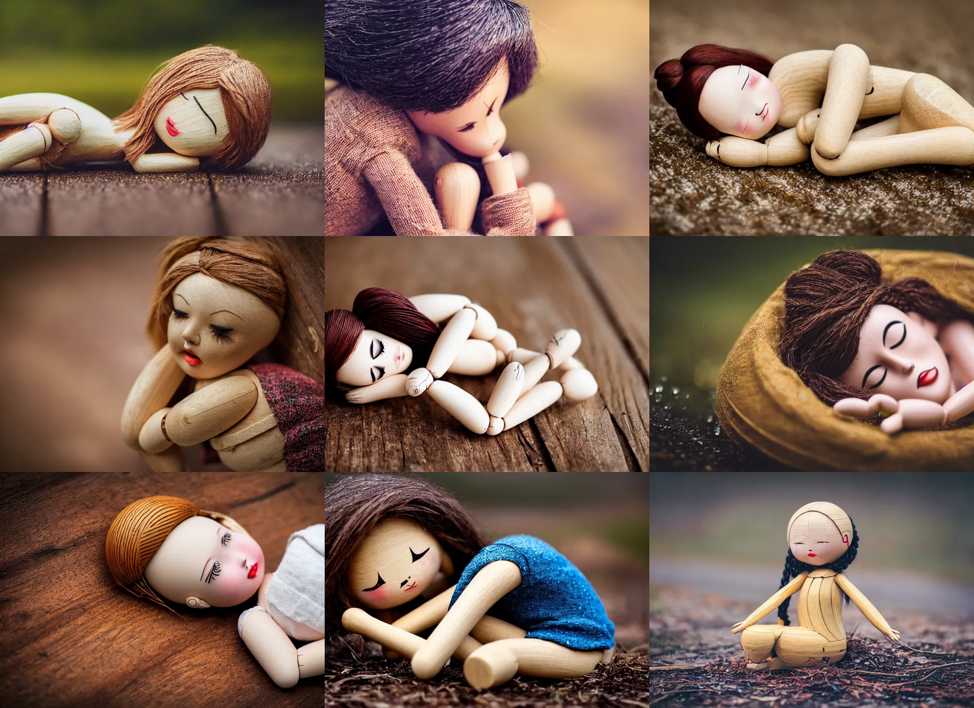 Prompt: a beautiful female ball - jointed wooden art doll lying on her side curled up asleep and hugging her knees, crying, sad, eyes looking at the camera, professional portrait photography, dslr, telephoto lens, full body shot, in the rain, bokeh, by raphael