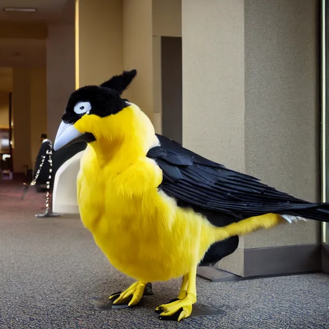 Image similar to a person wearing a fursuit of a yellow - bill magpie fursona, fursona, furry convention, hotel lobby, indoors, photograph, furry fandom, photorealistic,
