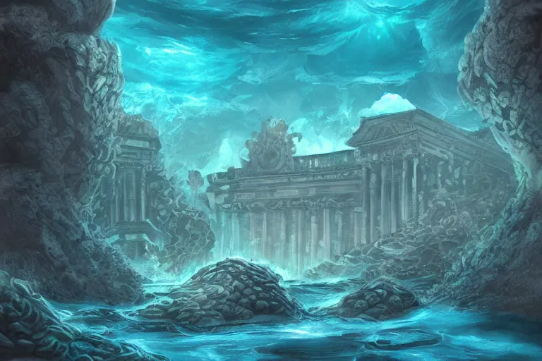 Prompt: underwater sunken temple!, ocean, sea, fish, palladian, illustration, concept art, digital art, colorful, blue, detailed, realistic