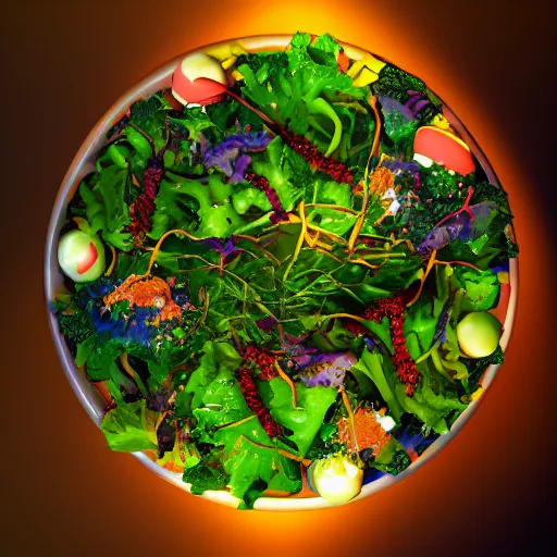 Image similar to Photorealistic magic super salad. Hyperdetailed photorealism, 108 megapixels, amazing depth, glowing rich colors, powerful imagery, psychedelic Overtones, 3D finalrender, 3d shading, cinematic lighting, artstation concept art