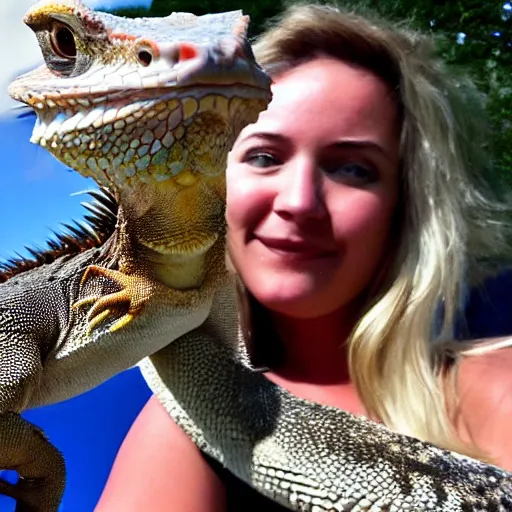 Prompt: a giant bearded dragon hanging out with blonde hair women