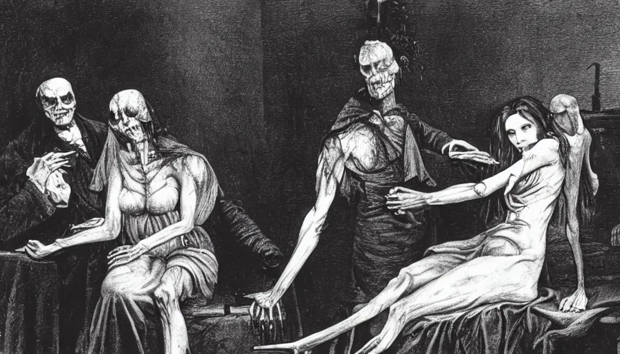 Image similar to a mad doctor does a blood transfusion on a female frankenstein.