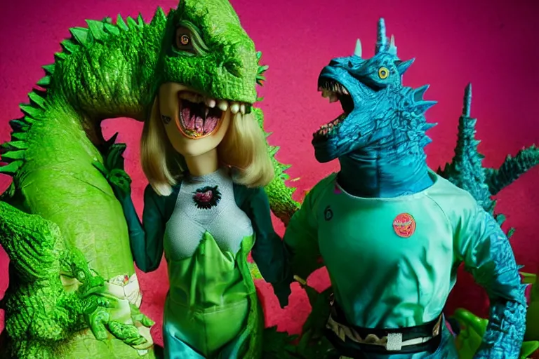 Image similar to Godzilla tea party with Barbie, plastic barbie doll, green rubber suit godzilla, by Alberto Seveso