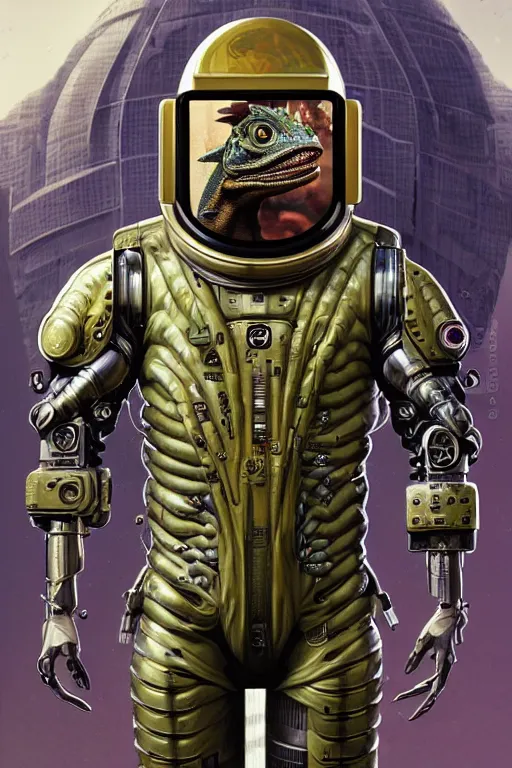 Image similar to a portrait of a muscular anthropomorphic cyberpunk basilisk lizard with big head in spacesuit armor with ensignia on chest plate by sandra chevrier, by jon foster, detailed render, pistol in holster, tape deck, epic composition, cybernetics, 4 k realistic, cryengine, realistic shaded lighting, sharp focus, masterpiece, by enki bilal