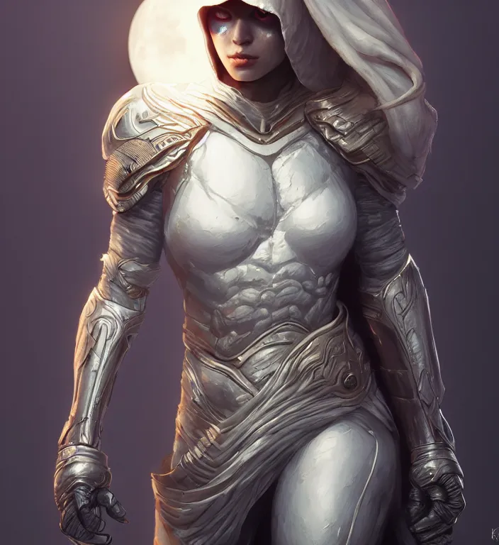 Image similar to female moon knight, hyper detailed, digital art, trending in artstation, cinematic lighting, studio quality, smooth render, unreal engine 5 rendered, octane rendered, art style by klimt and nixeu and ian sprigger and wlop and krenz cushart