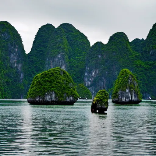 Image similar to 8k photograph of the Loch Ness monster in halong bay, Vietnam. National Geographic.