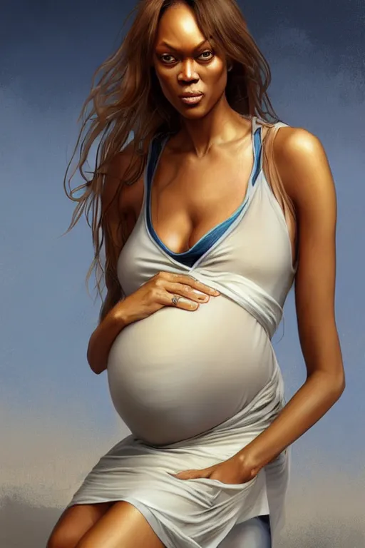 Image similar to pregnant tyra banks in a tank top, realistic portrait, symmetrical, highly detailed, digital painting, artstation, concept art, smooth, sharp focus, illustration, cinematic lighting, art by artgerm and greg rutkowski and alphonse mucha