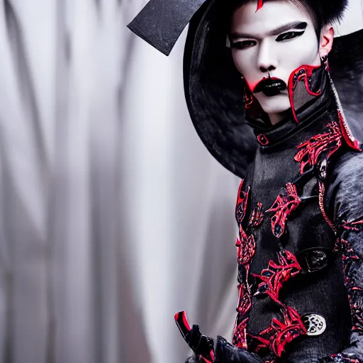 Image similar to modern high fashion clothing designer inspired by vampires and samurai runway photo canon eos r 7 1 5 0 mm color film camera male model highly detailed intricate