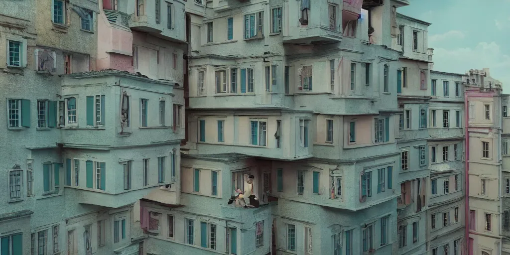 Prompt: a very high resolution image from a new movie, upside - down and criss - cross stairs, beautiful scenery, photorealistic, photography, directed by wes anderson