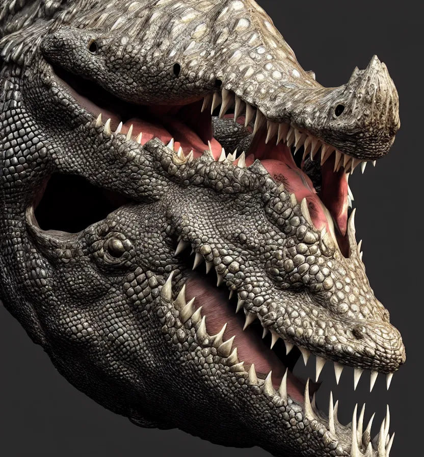 Prompt: antasy creature setting all : crocodile head : : 0. 5 the head has a symmetrical horn and tumor, and there is a rhino horn at the front of the beak, and the mouth is open to reveal a mouth full of fangs with huge wings, full body rich detail realistic photoreal photorealistic octane render 8 k