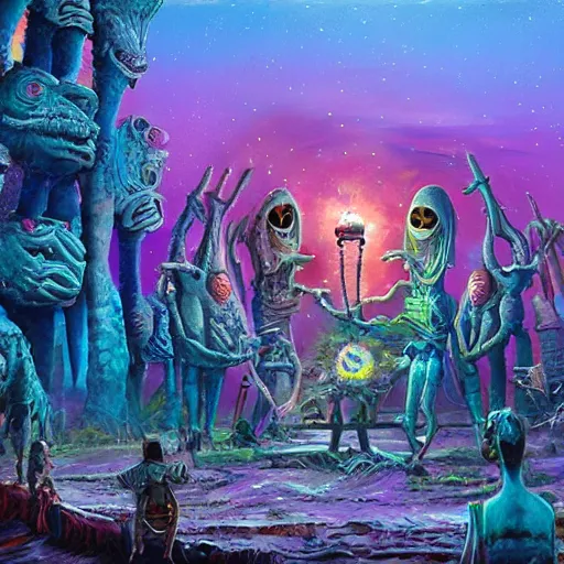 Image similar to extraterrestrial wedding in village on ancient post - apocalyptic planet, jim henson creature shop, vivid and colorful, cinematic, oil painting, highly detailed, illustration