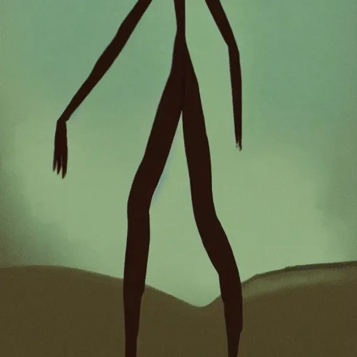 Image similar to tall skinny humanoid creature with no face standing on a hill, night