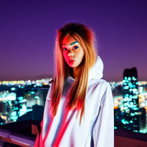 Prompt: photographic portrait of a streetwear woman, closeup, on the rooftop of a futuristic city overlooking a desert oasis at night, fireworks light up the night sky, sigma 85mm f/1.4, 4k, depth of field, high resolution, 4k, 8k, hd, full color