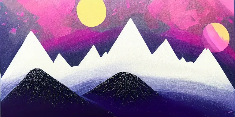 Prompt: a beautiful abstract acrylic painting on a white background of geometric mountain tops made of nebula reflecting on a lake by viktoria lapteva