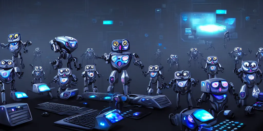 Prompt: an army of evil, malevolent, robot mechincal owls surrounded by computers and computer screens. this 4 k hd image is trending on artstation, featured on behance, well - rendered, extra crisp, features intricate detail and the style of unreal engine. volumetric lighting