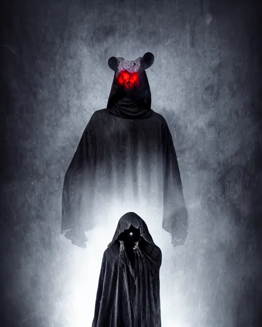 Prompt: rat's skull ghost - spirit of the grim - darkly shrouded cloak with glowing red eyes peering through tattered hood, midnight fog - mist!, cinematic lighting, various refining methods, micro macro autofocus, ultra definition, award winning photo, photograph by ghostwave - gammell - giger - shadowlord