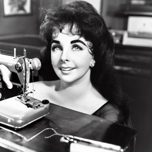 Prompt: a young elizabeth taylor using a sewing machine, 4 k, hyperdetailed photorealism