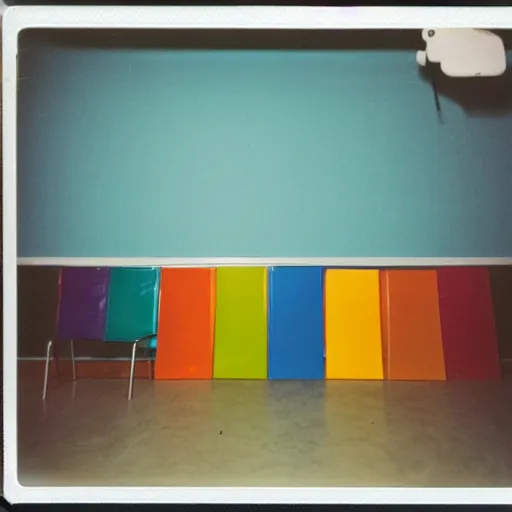 Prompt: polaroid photo!! of a empty daycare, flash photography, unnatural lighting, uncanny, colored photograph