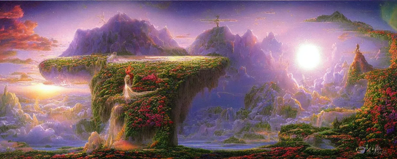 Image similar to a visionary art painting by gilbert williams of a sparkling floating island realm