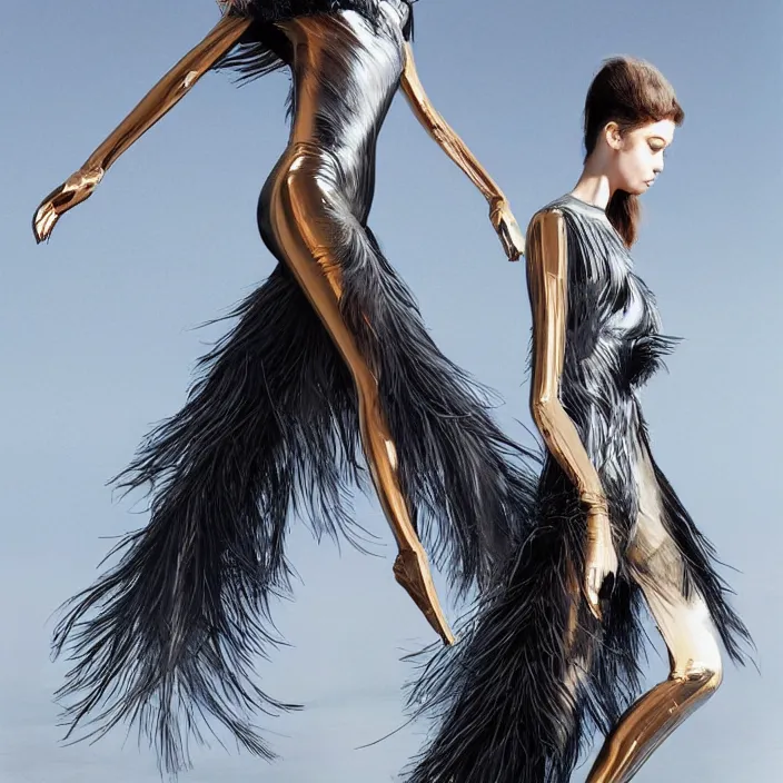 Image similar to metallic neoprene woman, feathered, nylon fashion, designed by wlop, by greg rutkowski, by santiago calatrava