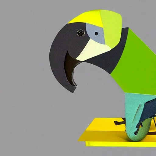 Image similar to parrot made of lemon sitting in the armchair made of avocado in cubism style