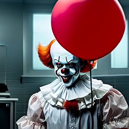 Image similar to a photograph of pennywise dressed as a doctor in a hospital, hyperdetailed, intricate, dramatic, horror movie, movie still, 4 k realistic, volumetric lighting, sharp focus