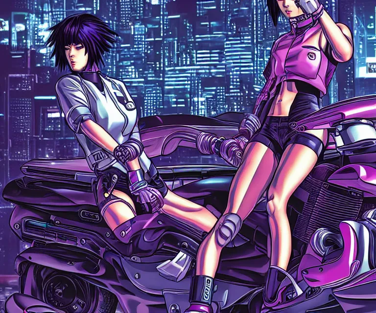 Image similar to motoko kusanagi riding a cyberpunk vehicle in a grungy cyberpunk megacity, bosozoku gang war, cyberpunk vaporwave, by phil jimenez, artgerm, sola digital arts, anti aliasing, raytracing