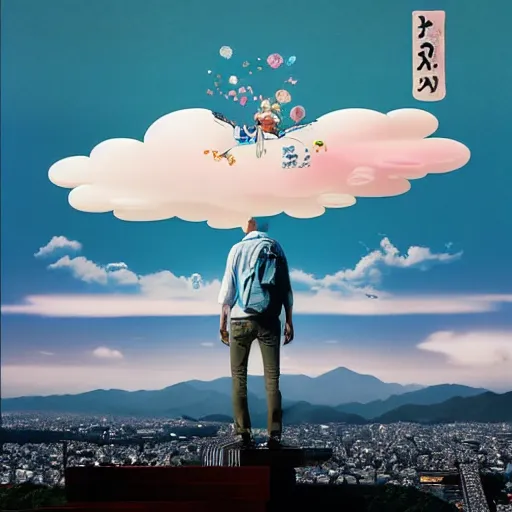 Image similar to a man walking on clouds away from the camera above kyoto by takashi murakami, beeple and james jean, aya takano color style, 4 k, super detailed, modern, 4 k, symmetrical