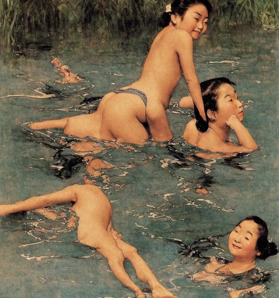 Image similar to a beautiful asian girl swimming by Norman Rockwell