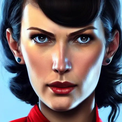 Image similar to portrait of a brunette slim woman with blue eyes in fallout 4, light stubble with red shirt inside victorian mansion ,digital art,photorealistoc,art by greg rutkowski,hyperdetailed,western comic style,comic,comic style,sharp lineart,professional lighting,deviantart,artstation,trevor henderson,rossdtaws,cinematic,dramatic