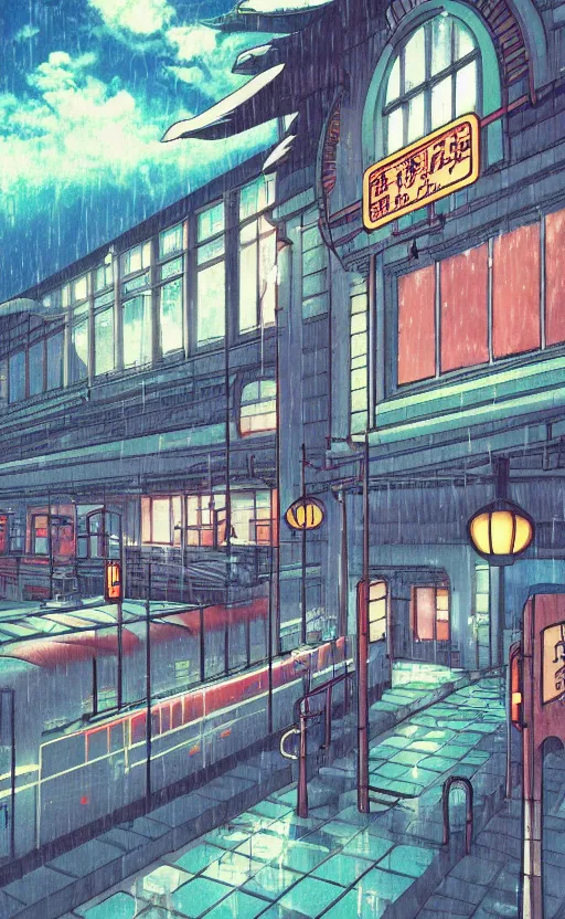 Image similar to train station, rainy day, anime, japan, ghibli, 9 0 s, retro style, aesthetic, chill, room