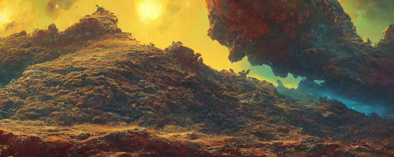 Image similar to ” barren asteroid, [ cinematic, detailed, epic, widescreen, opening, establishing, mattepainting, photorealistic, realistic textures, octane render, art by paul lehr ] ”