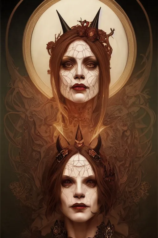 Image similar to portrait of a satanic witch, tattooed face, upper body, decorated, intricate, elegant, highly detailed, digital painting, artstation, concept art, smooth, sharp focus, illustration, art by artgerm and greg rutkowski and alphonse mucha, 8 k