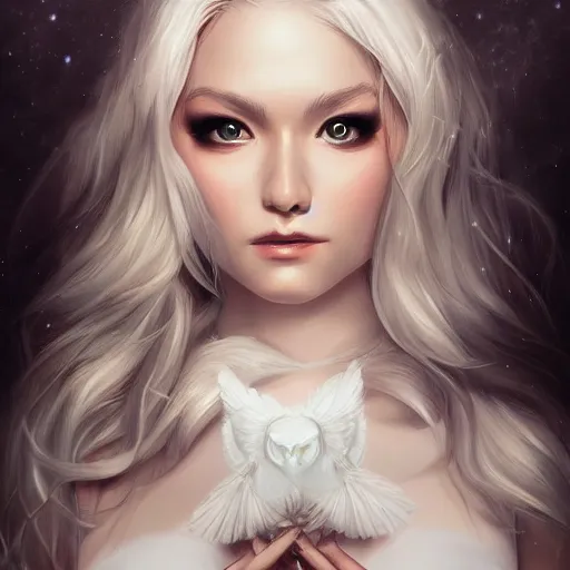 Image similar to painting of beautiful white owl in style of artgerm and charlie bowater, 8k, highly detailed