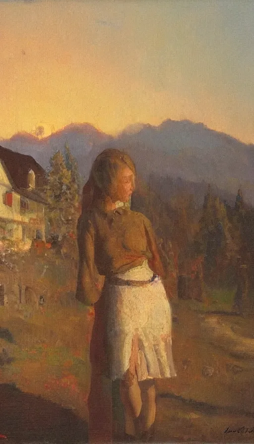 Image similar to Chalet Miniskirt. history painting, dusk, sunset lit mini, artstation, oil on canvas, by Albert Aublet, Private Collection