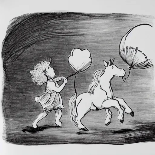 Image similar to a child with balloons getting attacked by a unicorn, black ink on paper