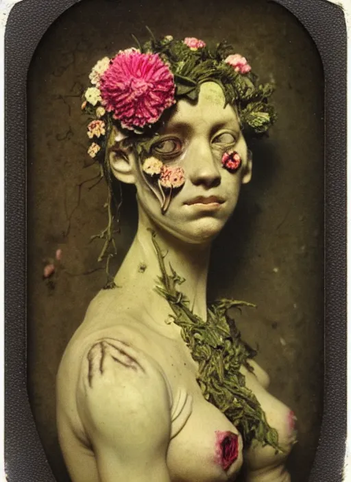 Image similar to beautiful and detailed rotten woman made of plants and many types of stylized flowers like carnation, chrysanthemum, roses and tulips, intricate, john constable, guy denning, gustave courbet, caravaggio, romero ressendi 1 9 1 0 polaroid photo