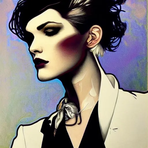 Image similar to beautiful portrait of androgynous ruby rose as desire from sandman in a white tuxedo!!!, rockabilly style,, by alphonse mucha, by jeremy mann, by peter lindbergh, cedric peyravernay, by frank moth, white suit and black tie, soft lightning, high detailed, 8 k