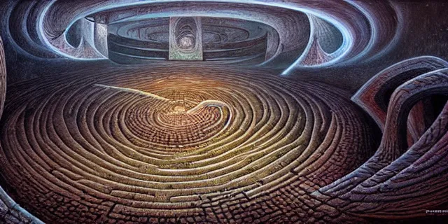 Image similar to painting of a ancient labyrinth in the style of nebulapunk by dan seagrave and tomasz alen kopera