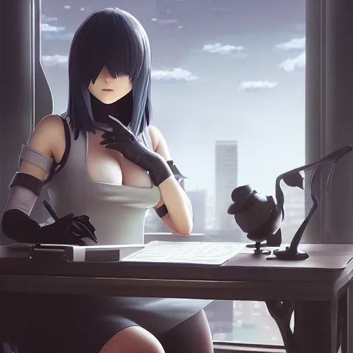 Image similar to 2b from nier automata filing her taxes at a desk, official art, digital artwork, key visual, studio lightning, very detailed bd cover, Studio Ghibli, hyperrealistic, artstation, extreme detail, caustics, trending on Artstation, 8K, octane renderer