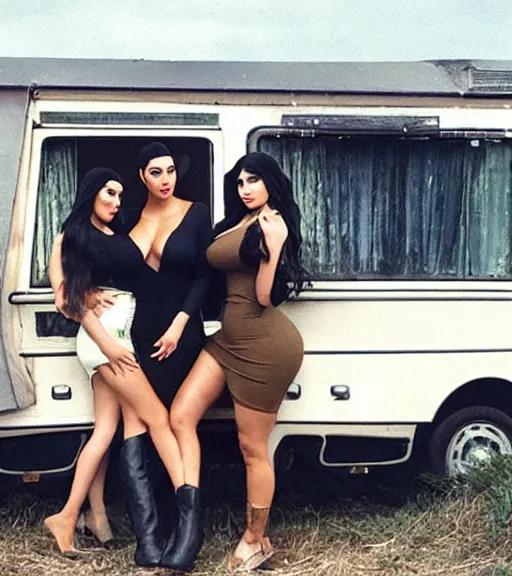 Image similar to Pablo Escobar cuddling kim kardashian & kylie Jenner inside a derelict motorhome