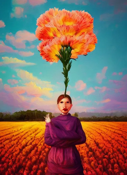 Image similar to portrait of a woman, face made of giant carnation, flower field, surreal photography, sunset dramatic light, impressionist painting, colorful clouds, large sky, digital painting, artstation, simon stalenhag