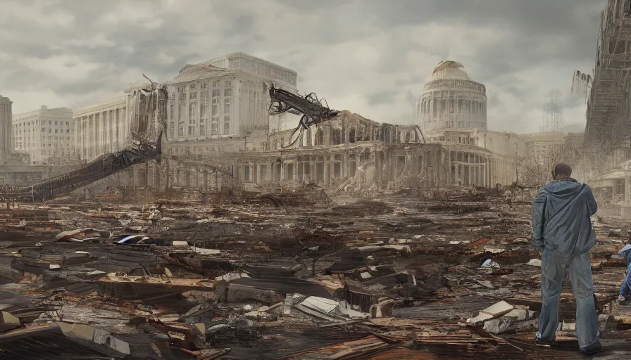 Image similar to father and his son looking at collapsed destroyed washington dc under reconstruction, scaffolding, cloudy day, volumetric light, hyperdetailed, artstation, cgsociety, 8 k