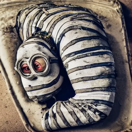 Image similar to photograph of a disgusting decomposing minion mummy lying in its sarcophagus, highly detailed